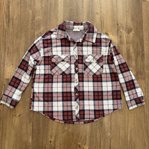 Ultra Flirt Tops - Ultra Flirt Plaid Button Down Shirt Womens 1X Burgundy‎ Cream Long Sleeve Cabin